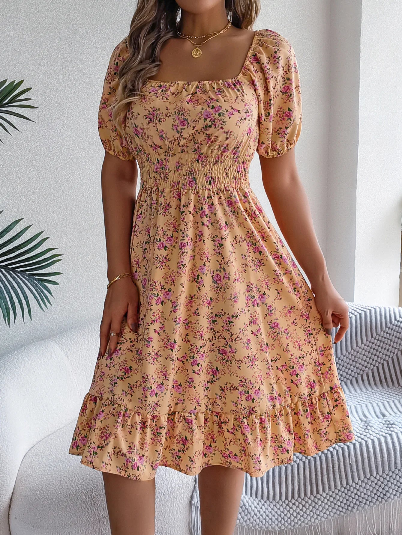 Women's Floral 3D Print Square Neck Dress